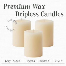 Mister Candle Dripless Vanilla Scented Ivory Pillar Candles Set of 3, Hand Made Vanilla Pillar Candles with Essential Oils for Home Decor, Premium Wax, 60 Hr Burn Time (3x4 inch)