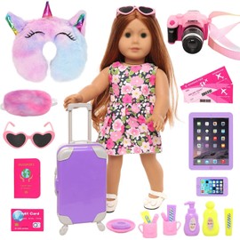 22 Pcs 18 Inch Girl Doll Suitcase Travel Play Set for 18 Inch Girl Doll Travel Luggage Accessories with Sunglasses Camera Pillow