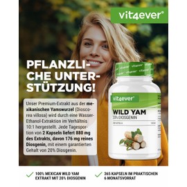 Wild Yam Root Extract - 365 Capsules - Original Mexican Wild Yam Root - High Dose with 880 mg Extract (of which 176 mg Diosgenin) per Daily Dose - Vegan
