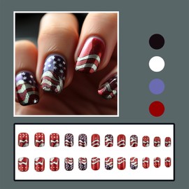 LBPEPAMZ 24Pcs Independent Day Press on Nails 4th of July Short Square Fake Nails with American Flag Design Red Blue Full Cover Acrylic Nails False Nails Silver Star Glue on Nails for Women Decor