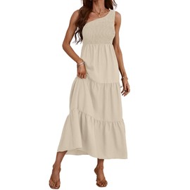 CUPSHE Women's Summer One Shoulder Dress Flowy Swing Tiered Smocked Fitted Sleeveless Maxi Dress Apricot