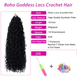 Faux Locs Crochet Hair 18 Inch Boho Goddess Locs Crochet Hair 7 Packs Pre Looped Crochet Hair for Black Women River Locs Crochet Hair with Curly Ends (18 Inch 7 Packs, 1B)