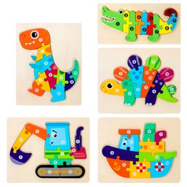 Wooden Puzzle Toy for Toddlers, 3D Wooden Montessori Peg Puzzle, Animals Learning Educational Wooden Toy Gift for Children 2 3 4 5 Years Boys and Girls (Pack of 5)