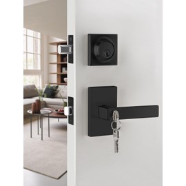 EHOMEWARE Matte Black Door Handles with Single Cylinder Deadbolt, Interior Entrance Door Knob with Deadbolt, Heavy Duty Keyed Door Lever Lock Set, Reversible for Right and Left Side