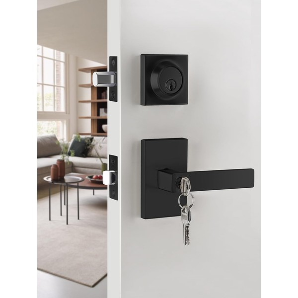 EHOMEWARE Matte Black Door Handles with Single Cylinder Deadbolt, Interior