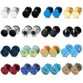 JeryWe 16 Pairs Stainless Steel Stud Earrings for Men Women Fake Gauge Screw Studs Earrings Set Barbell Ear Plugs Faux Gauges Ear Tunnel Earrings 8MM