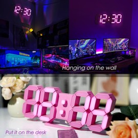 KOSUMOSU Pink LED Clock 3D Wall Clock 9.7" Table Clock for Living Room Modern Digital Clock for Bedroom Aesthetic Bedside Desk Clock with Remote/Dimming/12/24H/Temp/Alarm Clock/Date