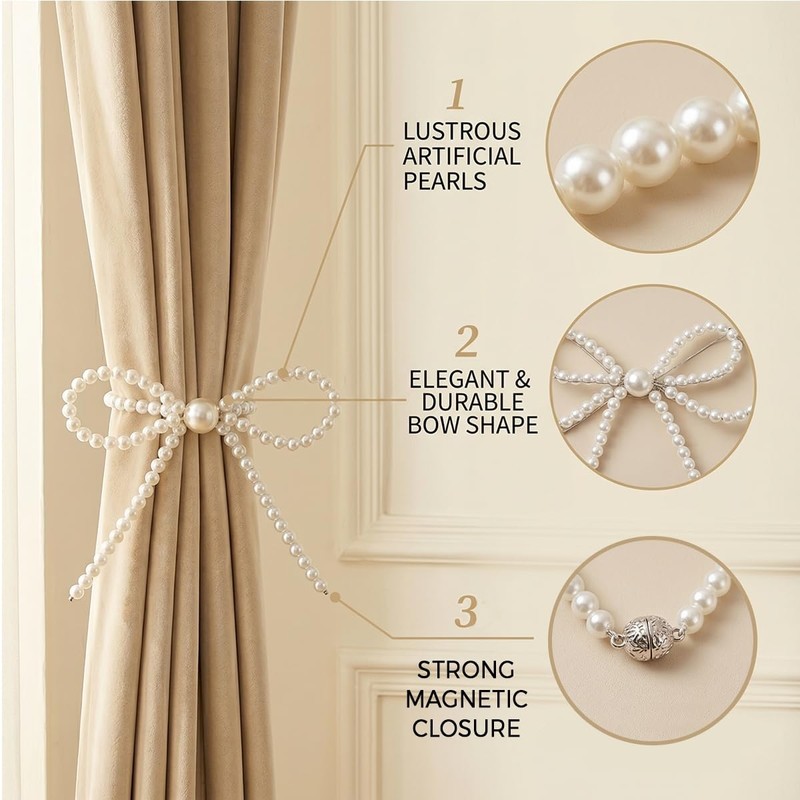 No Drill Magnetic Curtain Tiebacks, 2 Pcs Elegant Pearl Bow