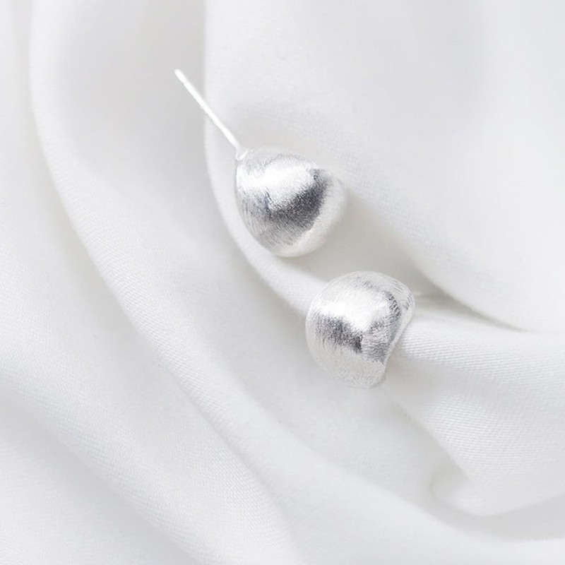 Sterling Silver Brushed Half Hoop Ball Bead Dome Drop Stud