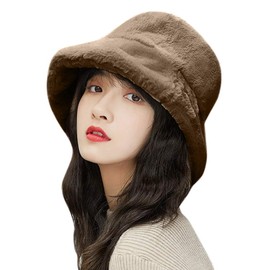 LLZ.COQUE Womens Stylish Bucket Hat Soft Faux Fur Fluffy Thicken Wide Brim Lovely Winter Warm Hat for Girls - Khaki