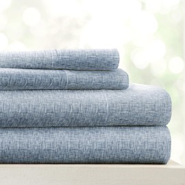 Linen Market Double-Brushed Patterned Microfiber King Sheet Set 4 Piece – Oeko-TEX Certified Ultra Soft & Wrinkle-Free - 16" Deep Pocket Sheets - Easy Care King Size - Chambray Light Blue