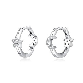 Silver earrings for women, 925 double hoop earrings with a crescent moon and an 8-pointed star. Hoop earrings made of 925 silver for women or 18 K gold, ideal as a gift for Mother's Day., Gold