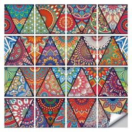 16 Pcs (6x6 in) Mandala Style Decorative Tile Stickers, Peel and Stick Self Adhesive Removable Tiles Backsplash Waterproof Kitchen Bathroom Furniture Staircase Home Decor Wall Sticker (MZ-274)