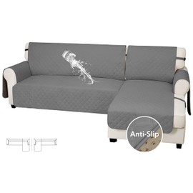 Easy-Going Waterproof Sectional Couch Covers with Chaise 2-Piece Non Slip L Shape Sofa Cover for Dogs Leakproof Furniture Protector Cover with Adjustable Strap for Pets (Large, Gray)