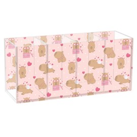 Aslsiy Lovely Capybara Gift Pen Holder Pink 4 Compartments Acrylic Pencil Holder Clear Makeup Brush Holder Desk Organizer Office Supplies