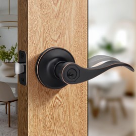 Moquin Wave Design Keyed Entry Door Lever with Lock, Reversible Door Handle for Right/Left Side Front/Entrance Door Lock in Oil-Rubbed Bronze (Red Margin) Finish