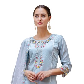 VredeVogel Kurta Set with Dupatta | Viscose Roman Silk Embroidered Kurta Set for Women | Women's Ethnic Casual Kurti Set |Kurta Pant Festive Suit (Sky_Large)