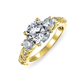 Art Deco Vintage Style Cubic Zirconia 3CTW Brilliant Cut Round Solitaire Three Stone Past Present Future Side Stones CZ Anniversary Engagement Ring Set Band For Women Gold Plated Sterling Silver