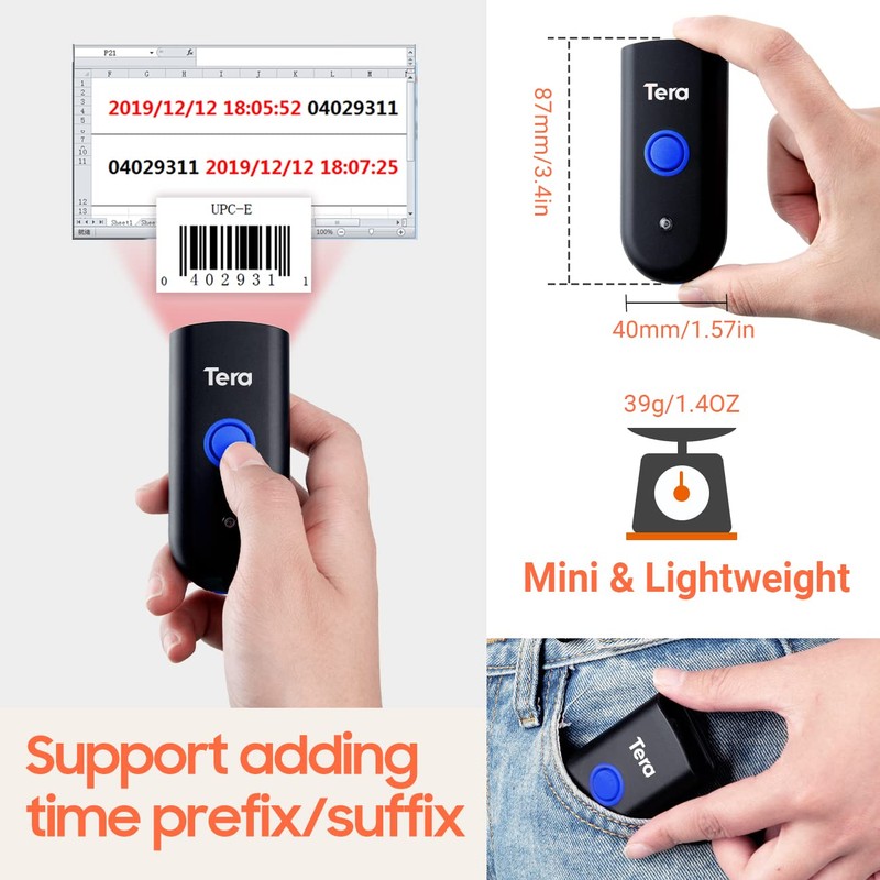Tera Wireless Barcode Scanner 1D Laser Mini Pocket Waterproof Scanner