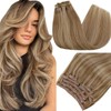 RUNATURE Real Hair Clip-In Extensions, Dark Blonde with Golden Blonde
