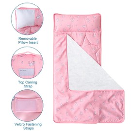 Nap Mat for Toddlers, Quilted Mat with Blanket and Removable Pillow, All-In-One Sleeping Bag for Preschool Daycare Nap Time or Sleepovers, Portable Roll up Nap Mat, Pink Unicorns