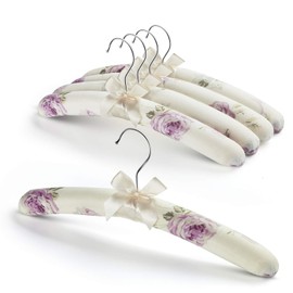 GLCON Satin Padded Hangers for Women Clothing - Floral Sweater Hangers No Bump - Padded Coat Hanger for Wedding - Thick Foam Silk Clothes Hanger for Adult (Pack of 5)