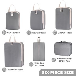 Tking Compressible 6-Piece Travel Packing Cubes Set,Packing Essentials for Suitcase Organizer Bags,Travel Essentials Bag Clothes Shoes Cosmetics Toiletries Storage Bags (Gray, 6Pcs/Set)
