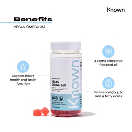 Vegan Omega 369 Gummies by Known Nutrition | Natural Heart and Brain Health Support | Delicious Natural Peach Flavour | 60 Two-a-Day Vegan Vitamin Gummies (One Month’s Supply) 