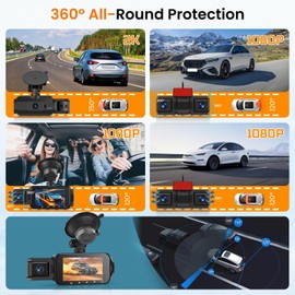 Hodozzy 2K+1080P 360° Car Dash Cam with 5GHz WiFi, 4 Cameras Front Rear, No Light Night Vision, 3 Inch IPS Touch Screen, Loop Recording, G-Sensor, Parking Monitor
