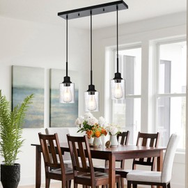 PENDRION Modern 3-Light Pendant Island Light Fixture Black Ceiling Hanging Lights with Clear Seeded Glass and Adjustable Cord,Industrial Pendant Lighting for Kitchen Living Room Dining Room Foyer