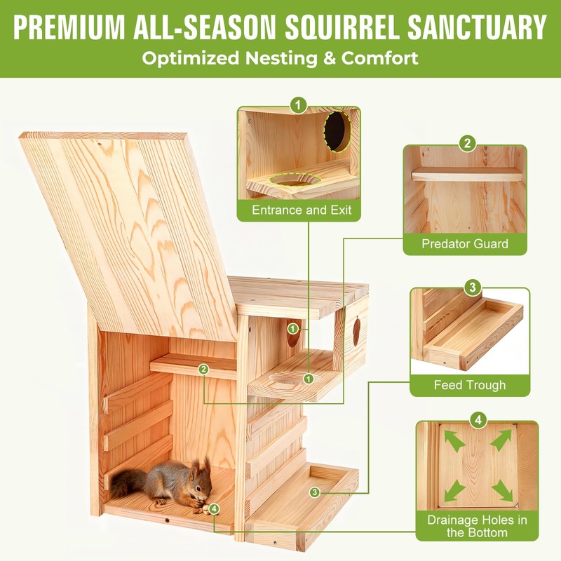 Extra Large Wooden Squirrel House Feeder Outdoor Heavy Duty Nesting