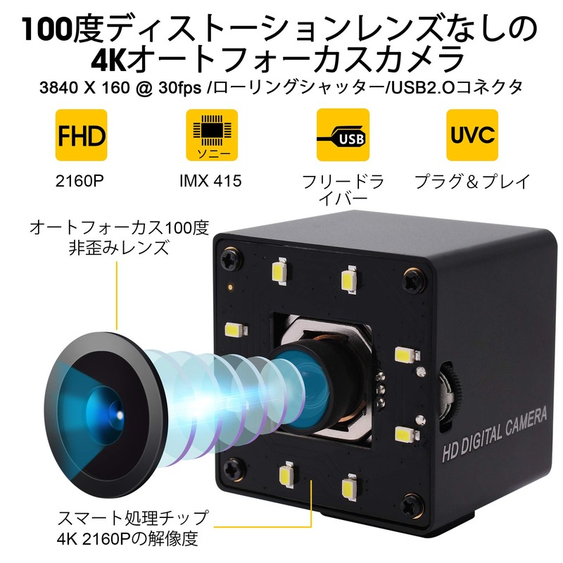 ELP Autofocus 4K USB Camera, Ultra Small Webcam, 100° Distortion-Free