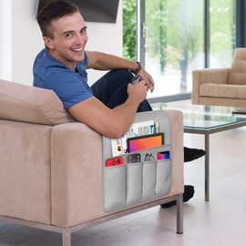 WETRBWEH Remote Control Holder for Armchair, Couch Caddy Organizer TV Remote Holder for Bed Storage 5 Pockets, Remote Caddy Bedside Organizer Bedside Table Organizer (LightGray, 35"x12.4")