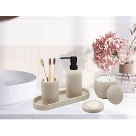 Beige Resin Bathroom Accessory Set, 5 Pcs Bathroom Accessories Set with Lotion Dispenser,Soap Dish,Toothbrush Holder,Vanity Tray,Qtip Holder Dispenser, Modern Bathroom Decor and Housewarming Gift Set