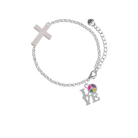 Delight Jewelry Silvertone Love with Multicolored Peace Sign - Silvertone Cross Link Bracelet, 6"+2" Extender