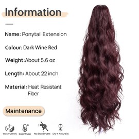 StrRid Ponytail Extension Wavy Claw Clip in Extensions 22" Long Curly Clips on Ponytails for Women Fluffy Pony Tail Fake Hair Natural Hairpieces for Wedding Party Daily Use 6 Oz Burgundy