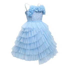 Little Girl Spaghetti Strap Swan Princess Feather Fringes Tutu Flower Dress Pageant Wedding Birthday Short Tiered Gown Kids Cute Backless Dress Toddler Party Tulle Cotume Blue-Flower 5-6 Years