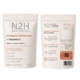 N2H Colágeno Hidrolizado Bovino + Vitamina C 500 g, 50 Porciones, Sin Sabor, Péptidos de Colageno Tipo I y III, Piel, Cabello y Uñas, Sin Maltodextrina, Sin Azúcar, Sin Gluten, Third-Party Tested