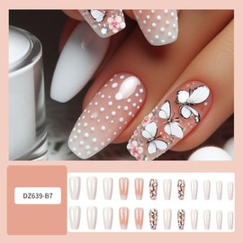 24 Pcs White Press on Nails Square Medium Coffin Fake Nails Pink Glitter False Nails with White Butterflies Rhinestones Design Polka Dots Nail Tips Full Cover Acrylic Glue on Nails for Women