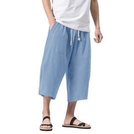 MAGNIVIT Men's Linen Shorts Casual Drawstring Loose Fit Capri Pants with Pocket Sky Blue 34