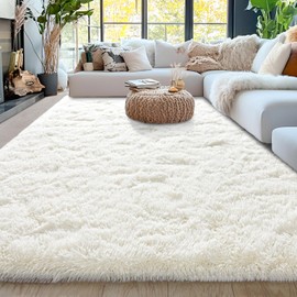 5x7ft Fluffy Fuzzy Area Rug for Living Room Bedroom, Ultra Soft Rugs for Living Room, Modern Shaggy Carpets Rug for Boys Girls Dorm Nursery Home Decor Aesthetic, Upgrade Non-Slip Durable, Cream White