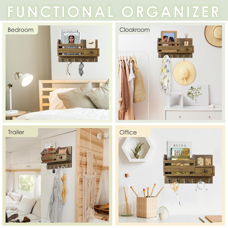 VIS'V Key Holder Wall Mount, Wooden Mail and Key Organizer