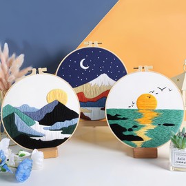 JSRQT 3 Sets Embroidery Kit for Beginner Adults, Stamped Cross Stitch Kit Embroidery Starter Kit with Landscape Pattern, Handmade Embroidery Kit with Instruction, Embroidery Hoop, Needle and Threads