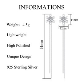 Deyanse Xmas Drop Earrings, 925 Sterling Silver Snowflake Tassel Earrings for Women Girls, Lightweight Silver Dangle Earrings with Zirconia, Two Long Chains Drop Earrings Hanging for Christmas Day