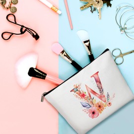 Letter W Cosmetic Bag Flower Letter Makeup Bag Pink Alphabet Initial Makeup Bag Birthday Gifts for Women Mom Friend Bride Bridesmaid Cosmetic bag(B023)