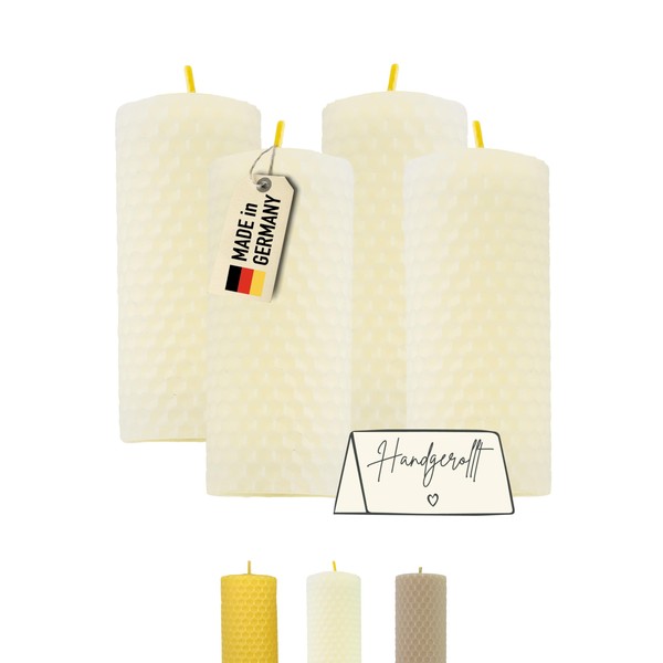 Wachsmann Pillar Candles Set of 4, 100% Beeswax, Hand Rolled,