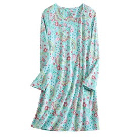 CHUNG Women Nightdress Ladies Nightie Long Sleeve Crew Neck Cotton Sleepwear Cute Pattern Print Loungwear Spring Summer GrnPaisley S