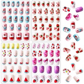 JANYUN 96 Pcs Kids False Nail Stick on Nails Full Cover Short False Nails Children Nail Tips Lovely Gift for Kids Little Girls Nail Art Decoration (Fruits Color)