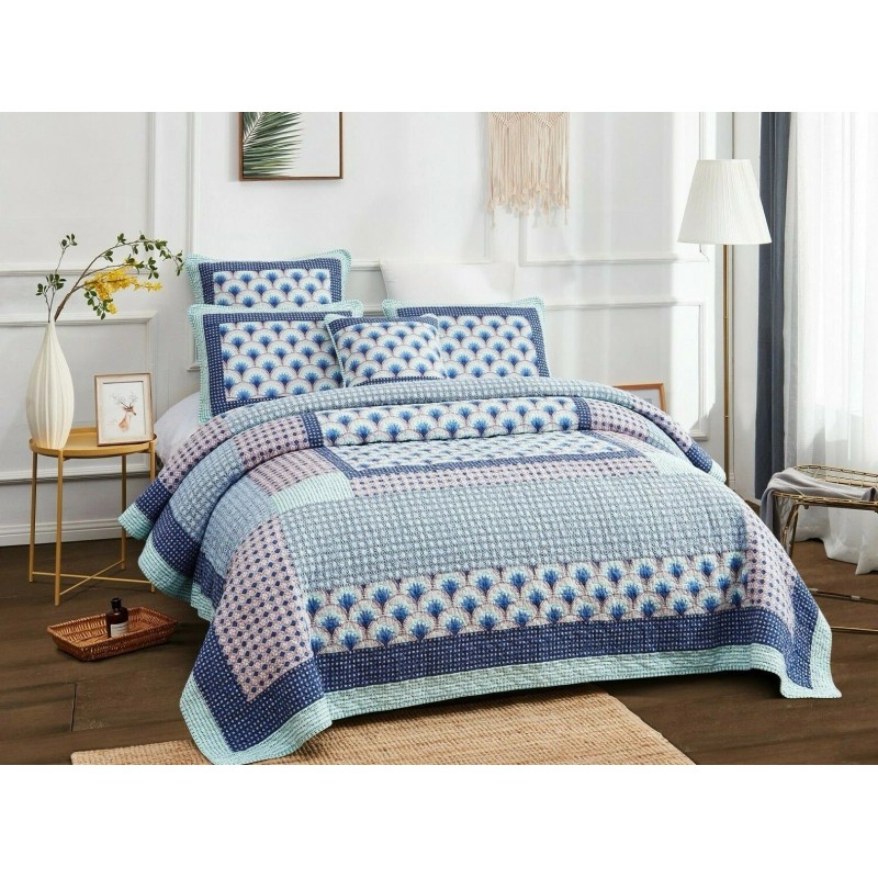 DaDa Bedding Mediterranean Fans Nautical Minty Blue Patchwork Bedspread Set