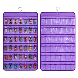 TEMUORG Wheels Storage Holder Matchbox Cars Organizer Dual Sided Hanging Toy Cars Display Case with 84 Clear Pockets (Dual Sides-Purple)